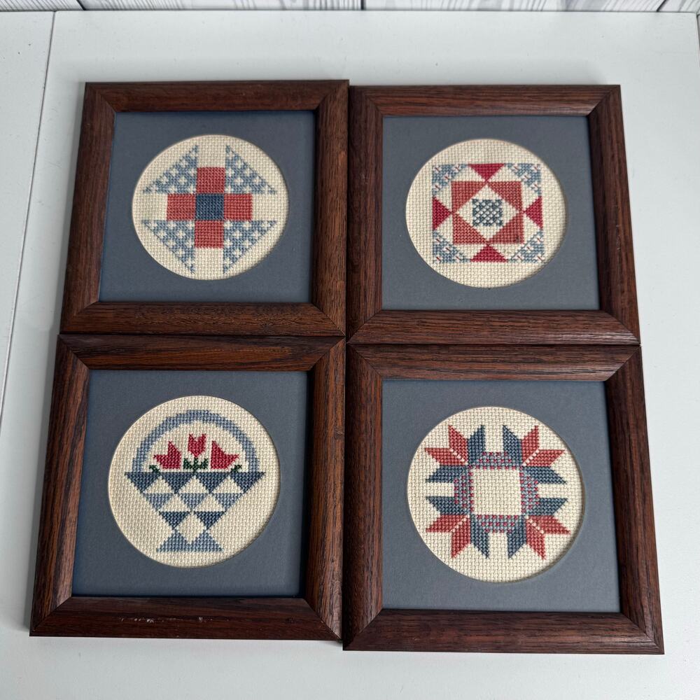 Vintage Set of 4 Cross Stitch Framed  Handmade Cabincore Grandmacore 6”